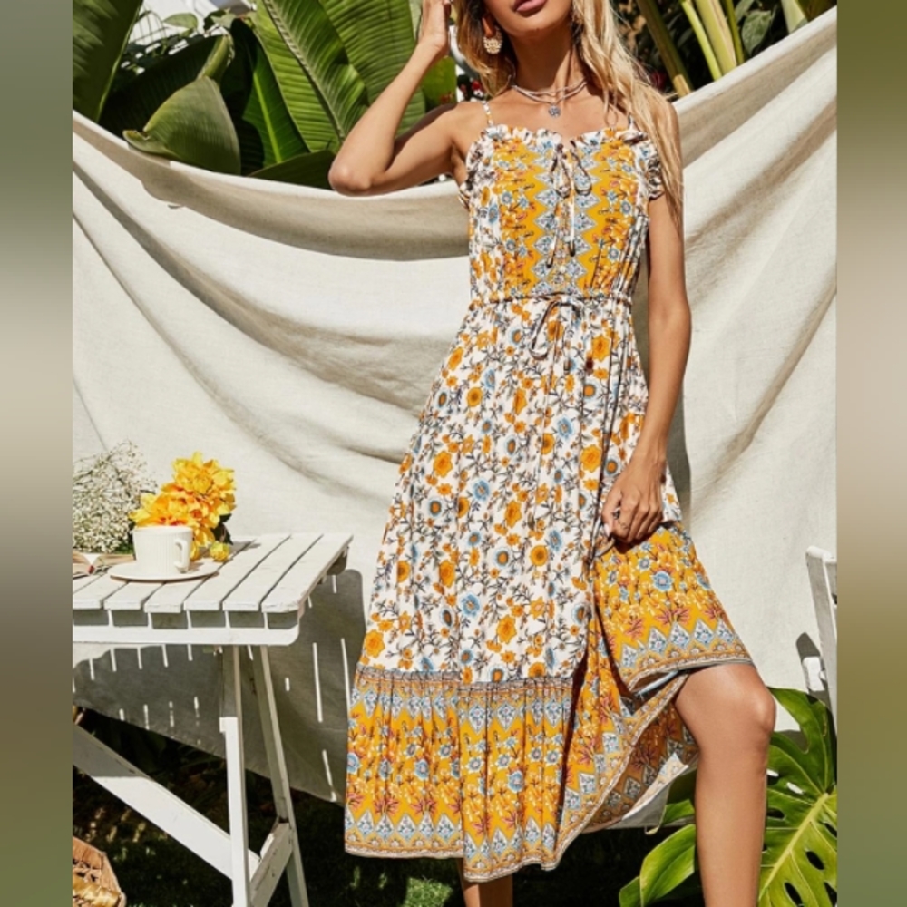 Yellow & Blue Floral Button Front Strappy Midi Dress in White